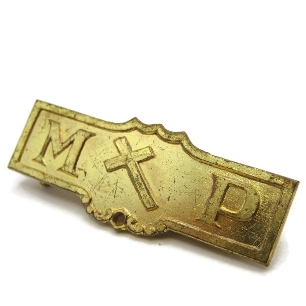 MP Cross Religious Pin Antique Gold Tone