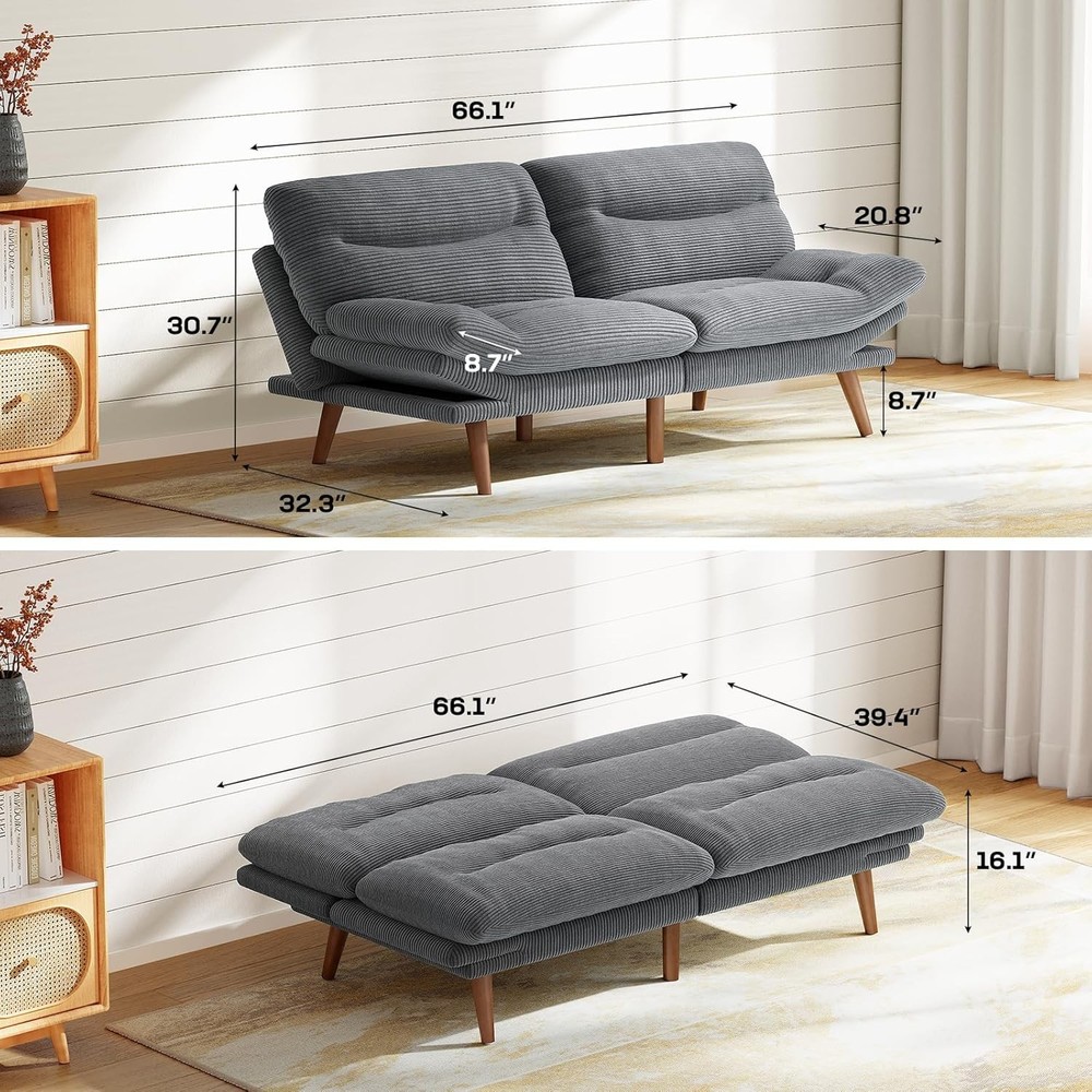 Futon Sofa Bed 66” Futon Couch W/ Adjustable Backrest & Armrests Convertible
