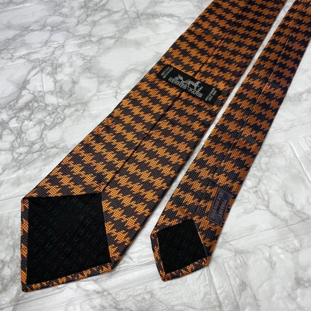 Hermes Houndstooth Silk Tie Orange Brown Unused Classic Pattern