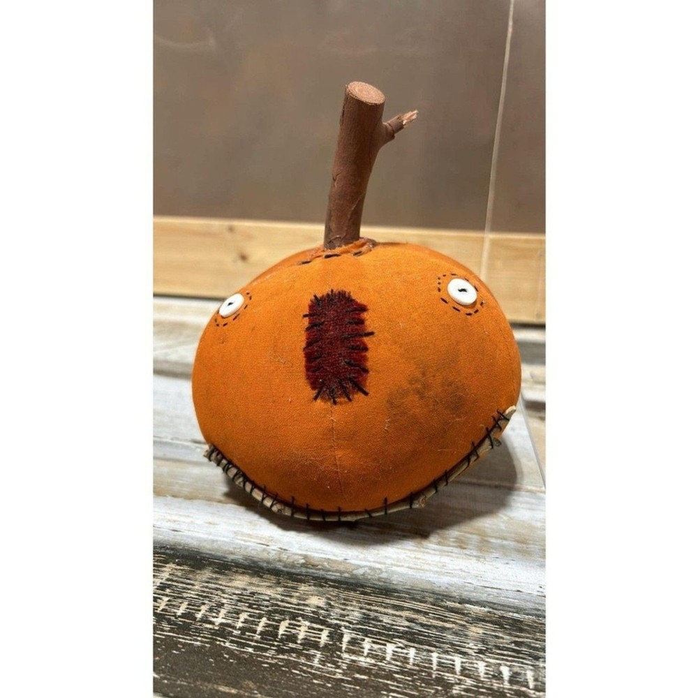 Primitive Style Pumpkin Head Wooden Stem Halloween