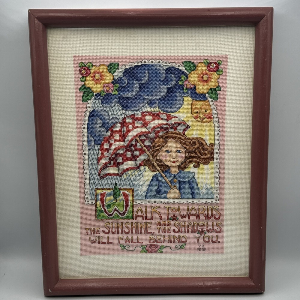 Completed Mary Engelbreit SUNSHINE & SHADOWS Cross Stitch Framed Dimensions