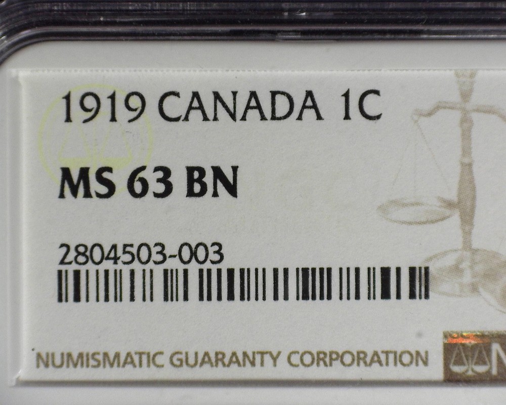 CANADA 1919 1¢ NGC MS 63 BN