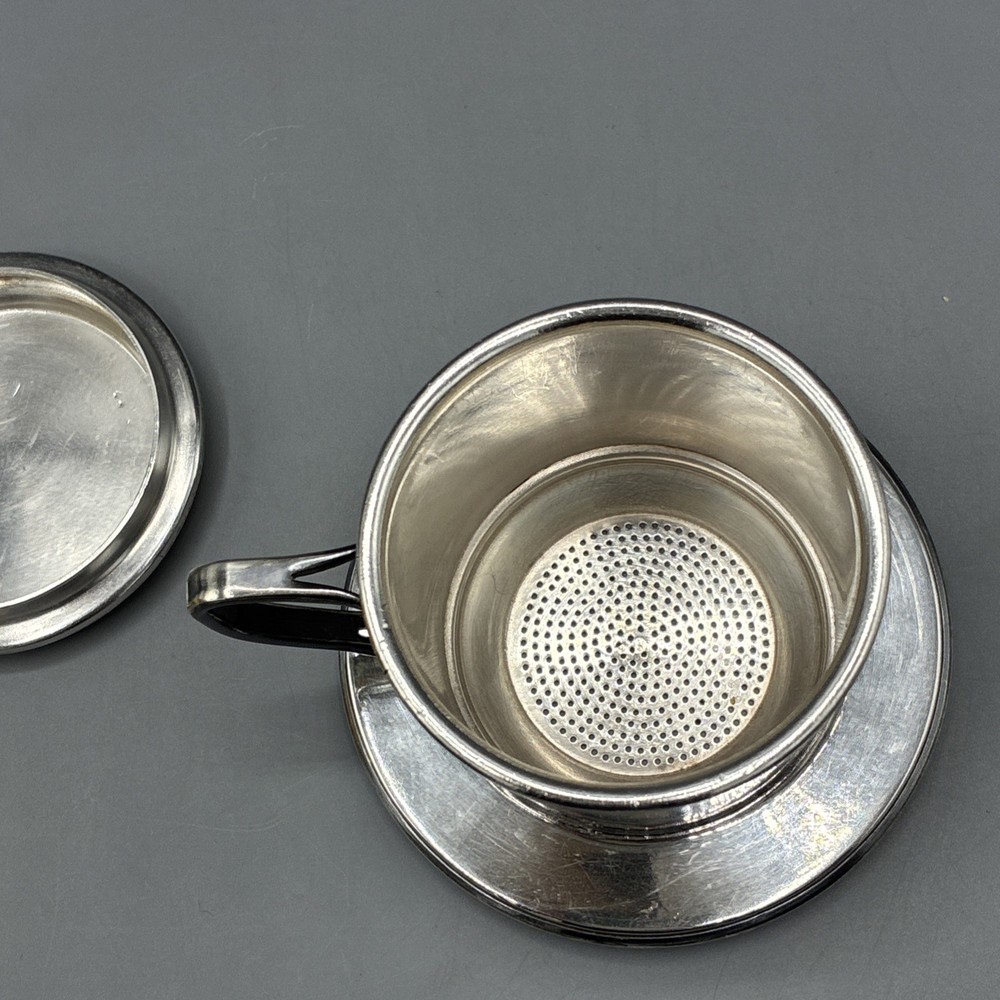 Silver Plate Tea Strainer Press Cup Handle Lid 3pc Marked