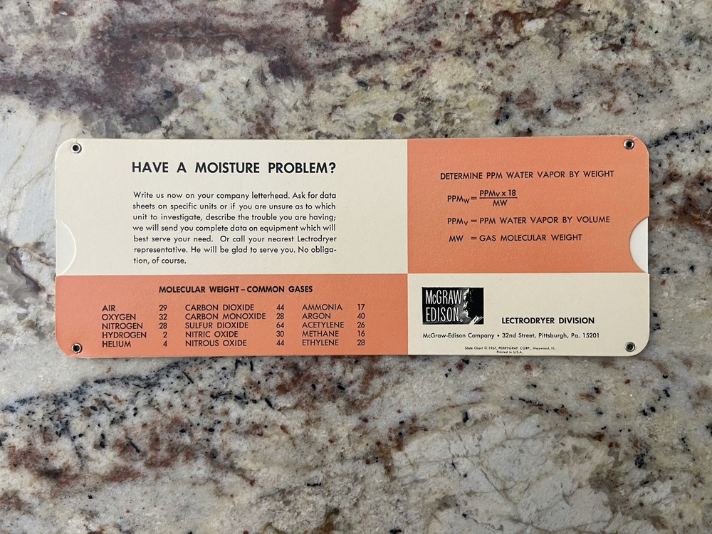LECTRODRYER Dewpoint Conversion Chart Slide Rule ©1967