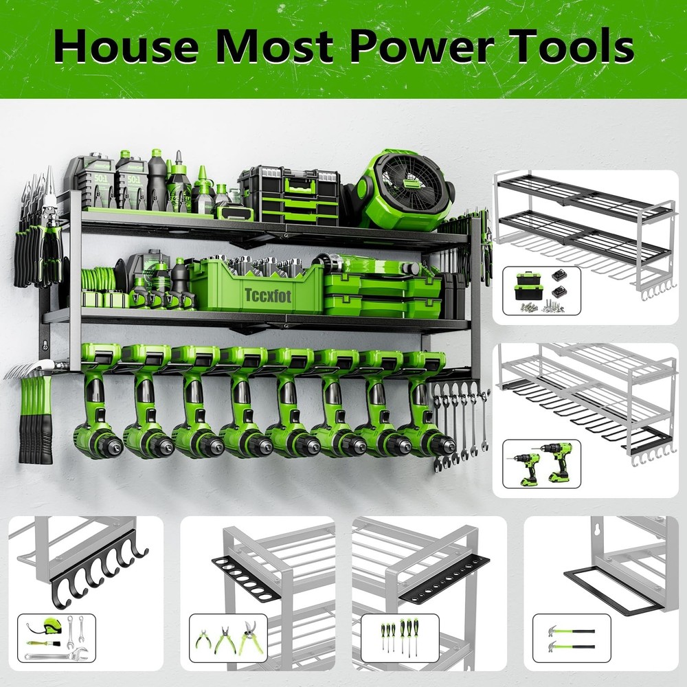Power Tool Organizer - 3 Layer 8 Drill Holder Wall Mount, Storage Rack for Ga...