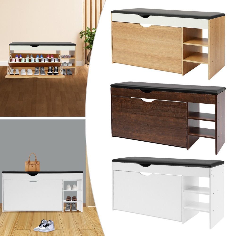 Space-Saving Triple-Fold Shoe Rack with Bench, Warm White, Entryway Storage