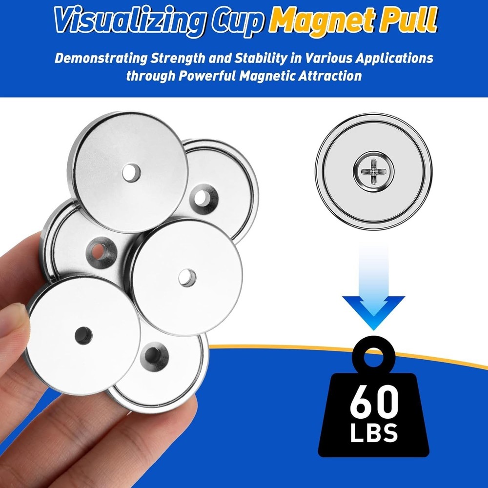 Durable 4 Pack Neodymium Cup Magnets - 60LBS Pull Force for Home & Garage