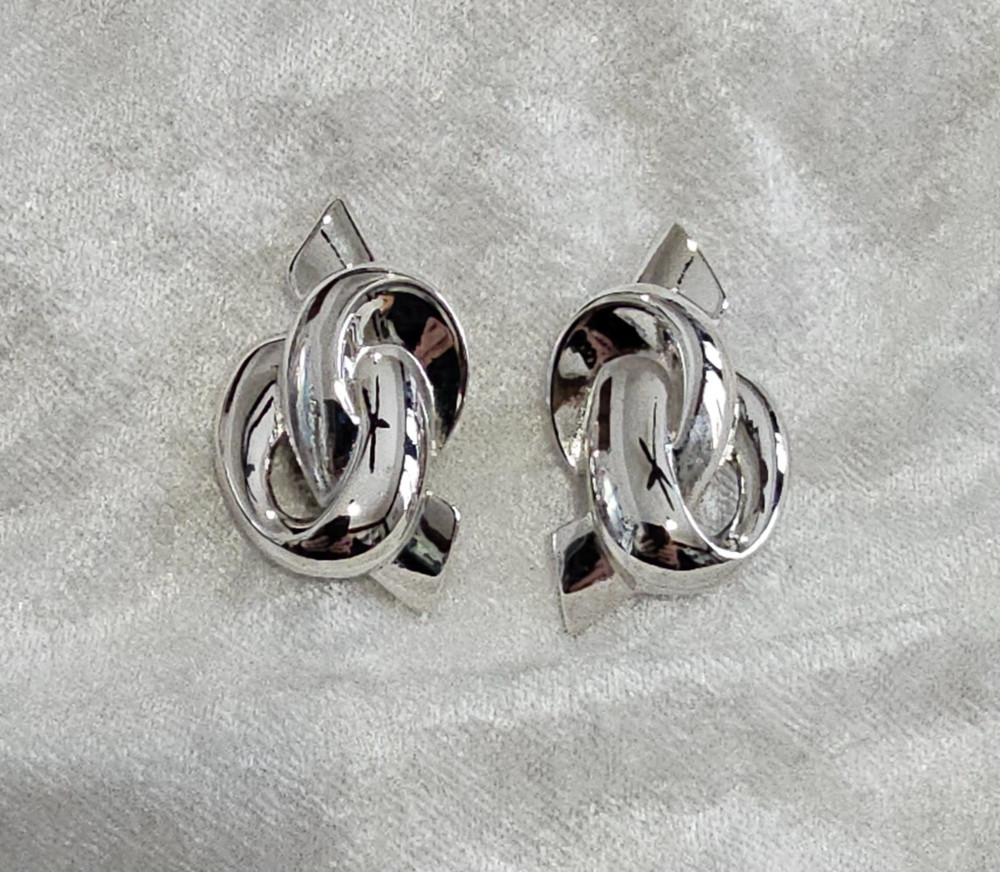 Givenchy Clip Earrings Glossy Silver Tone Statement Love Knot Ribbon