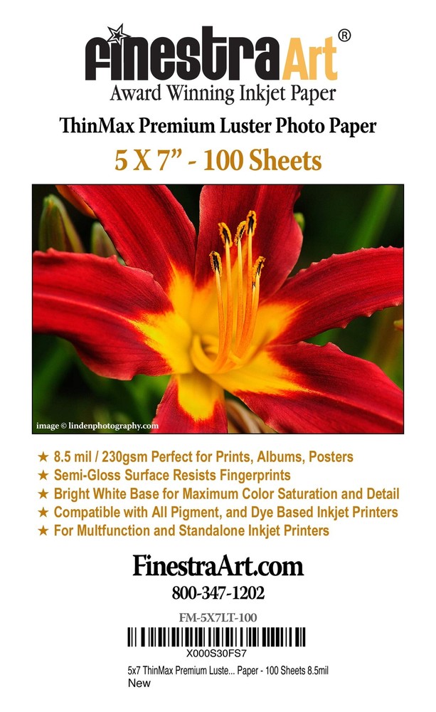 5" x 7" Thinmax Premium Luster Inkjet Photo Paper 100 Sheets