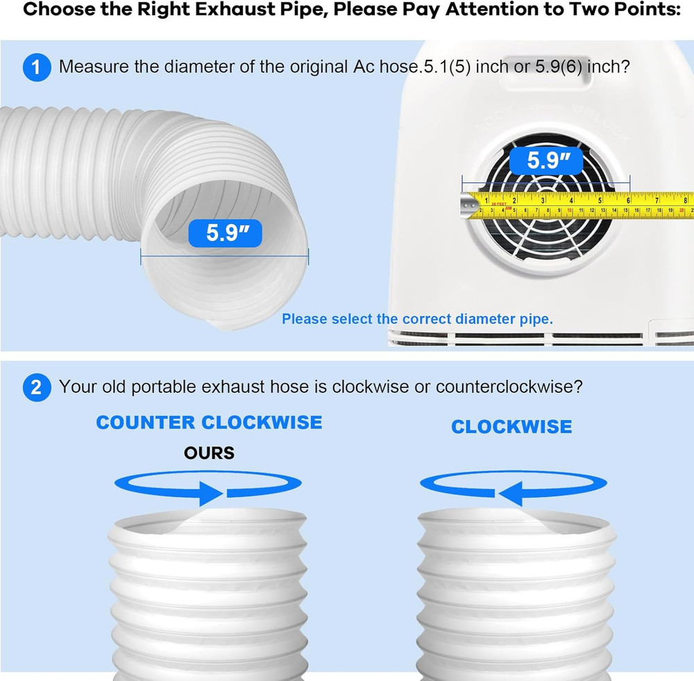 Anti-Clockwise 5.9 Inch Air Conditioner Exhaust Pipe, 59" Length Portable Air Co