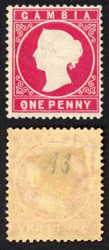 Gambia SG23/b 1d Wmk CA S/Ways Misplaced Embossing