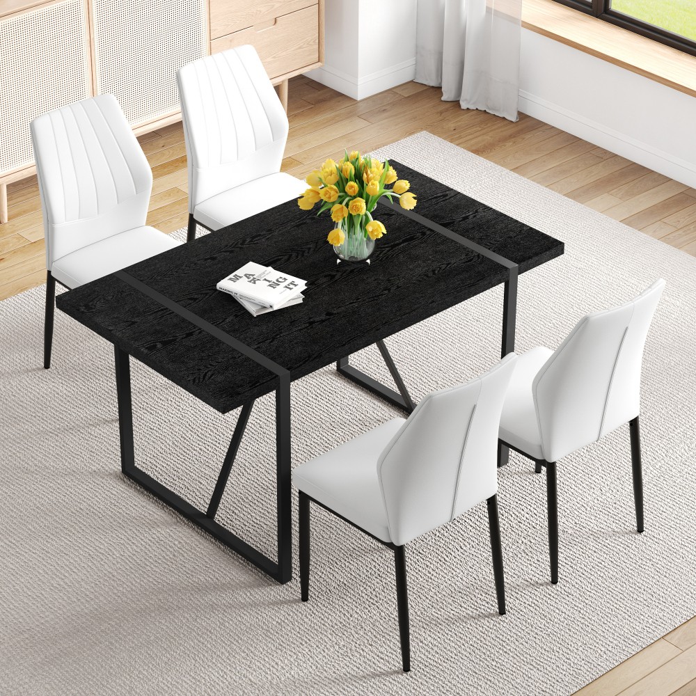 Black Wood Grain Rectangular Dining Table Set w/ 4 PU Chairs Modern