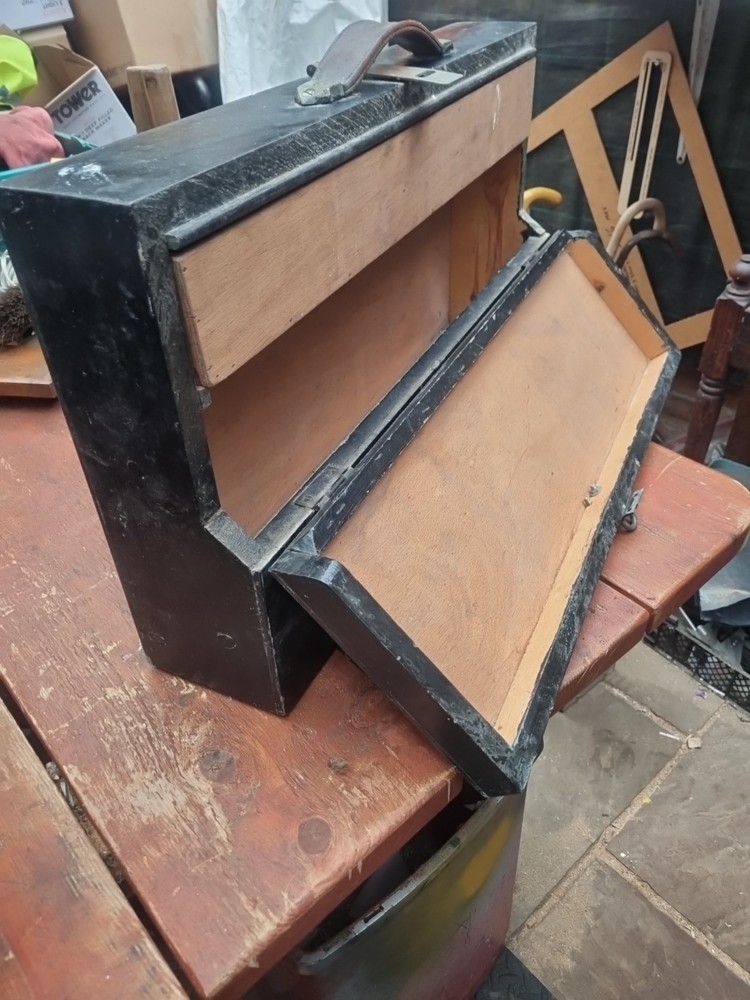 Wooden carpenters toolbox leather handle