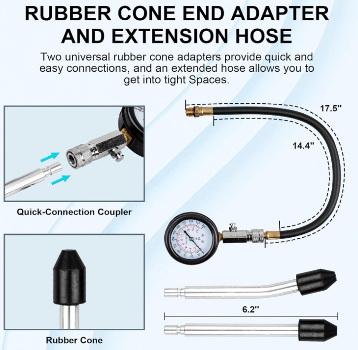 8PCS Engine Cylinder Compression Tester Kit 0-300 PSI Gauge for Car Small Engine
