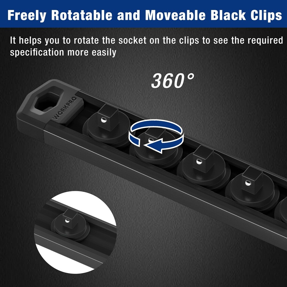 WORKPRO Magnetic Socket Organizer 1/4" Drive Aluminum Alloy Socket Rail 12 Clips