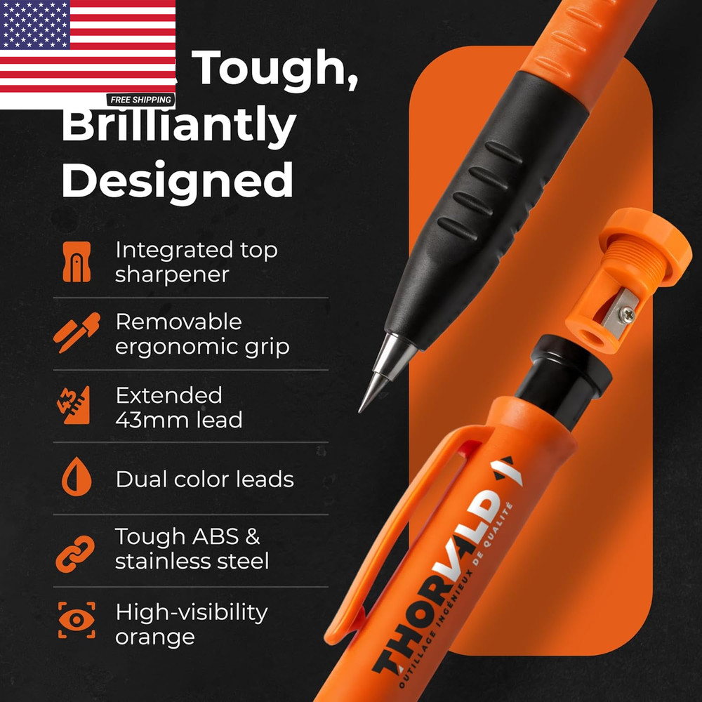 2 Carpenter Pencils Set for Construction - Incl. 38 Leads + Sharpener + Finger G
