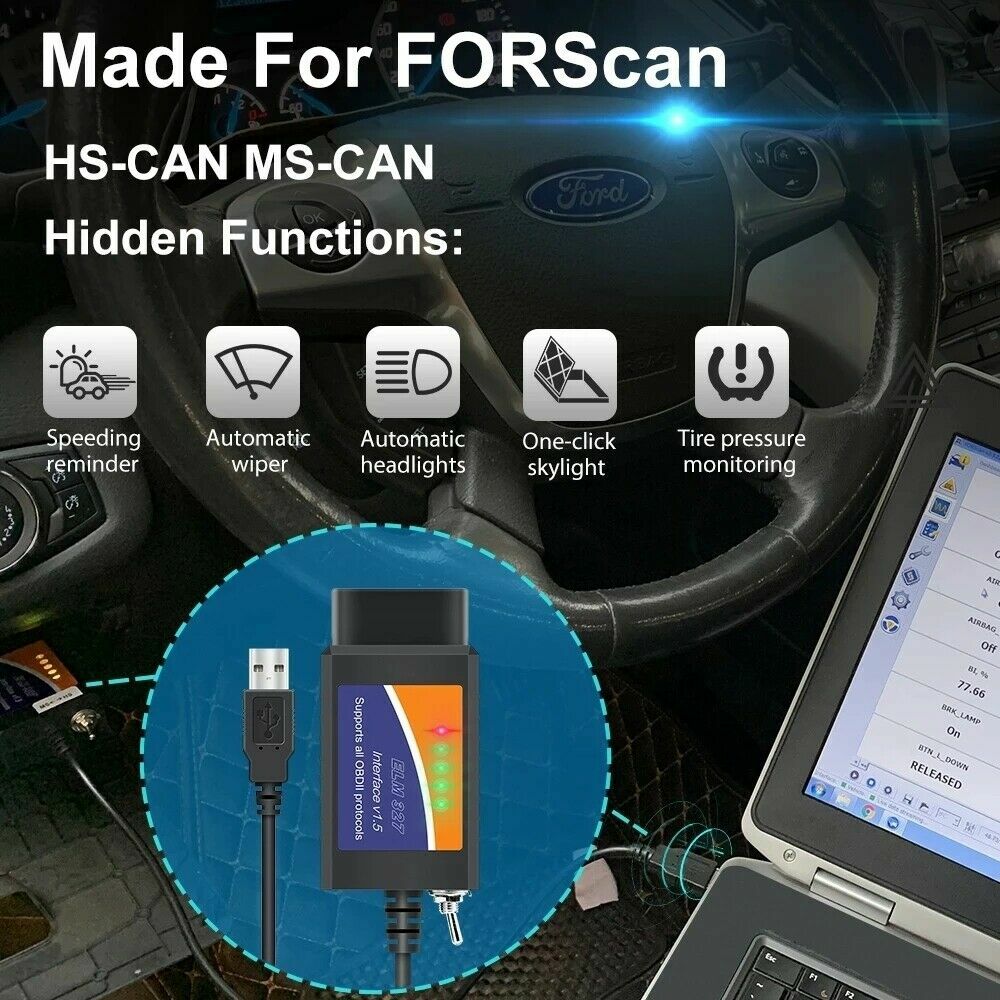 For Ford FORScan OBD2 Code Reader ELM327 V1.5 USB Modified Scanner HS/MS CAN US