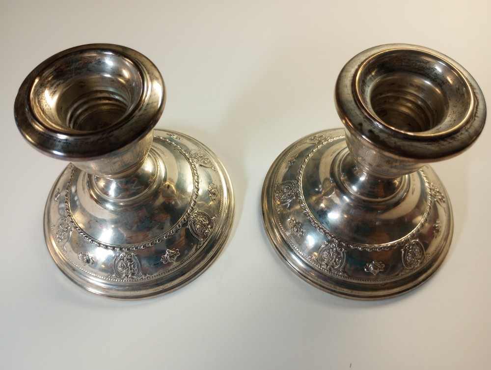 (TWO) Antique Rose Point by Wallace Sterling Silver Candlestick