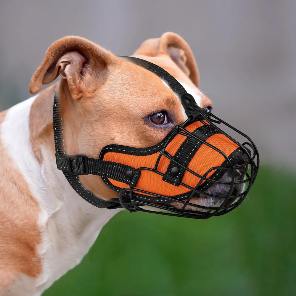 OOPSDOGGY Pitbull Dog Muzzle Reflective Metal Mask Secure Pitbull, Orange