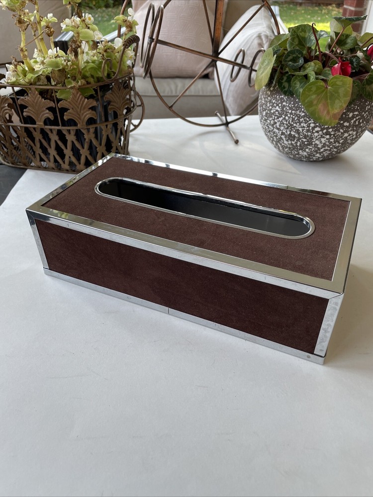 Vtg Stylebuilt Chrome Suede Tissue Box Holder Vanity 2 Pc