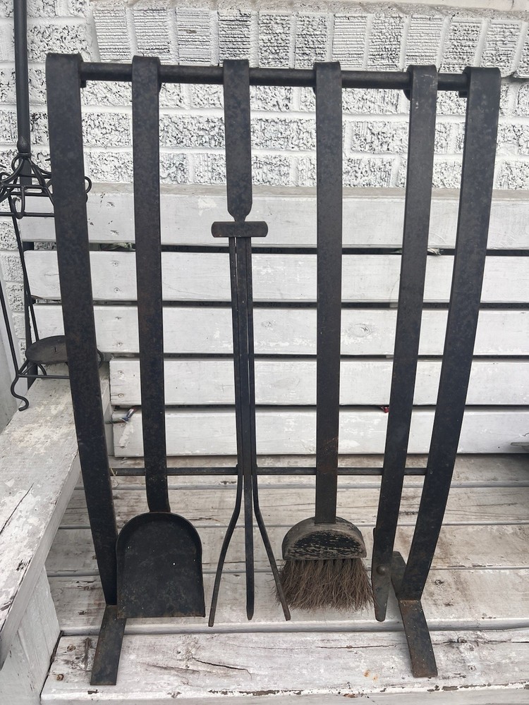 Primitive Style Distressed Iron Fireplace Tools & Rack 5pc Western Rustic