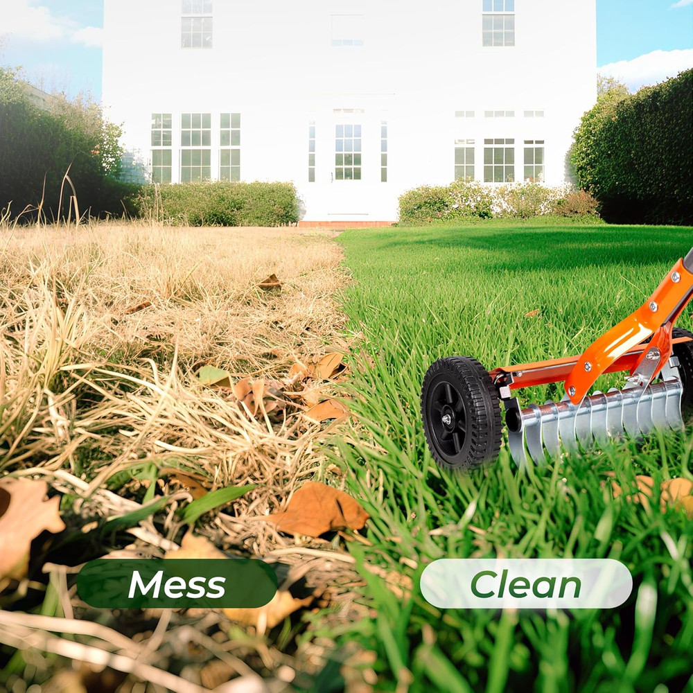 Heavy-Duty Dethatching Roller Rake with Adjustable Handle and Stainless Steel Bl