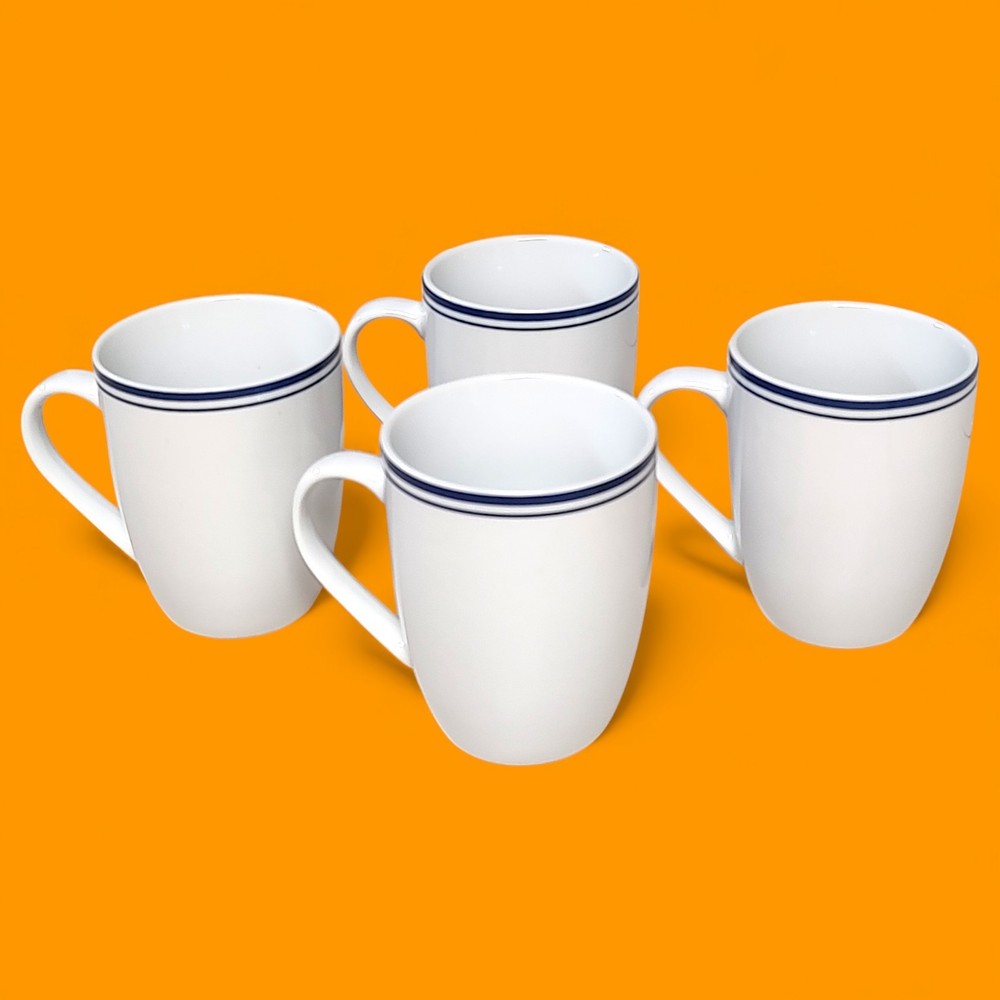 4pc Set Amazon Basics Cafe Stripe Blue / White Coffee Cups/ Mugs 4"