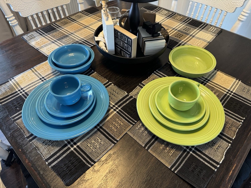 Fiesta Dinner Set Blue & Green Ceramic 2 Place Settings Plates Bowls Cups