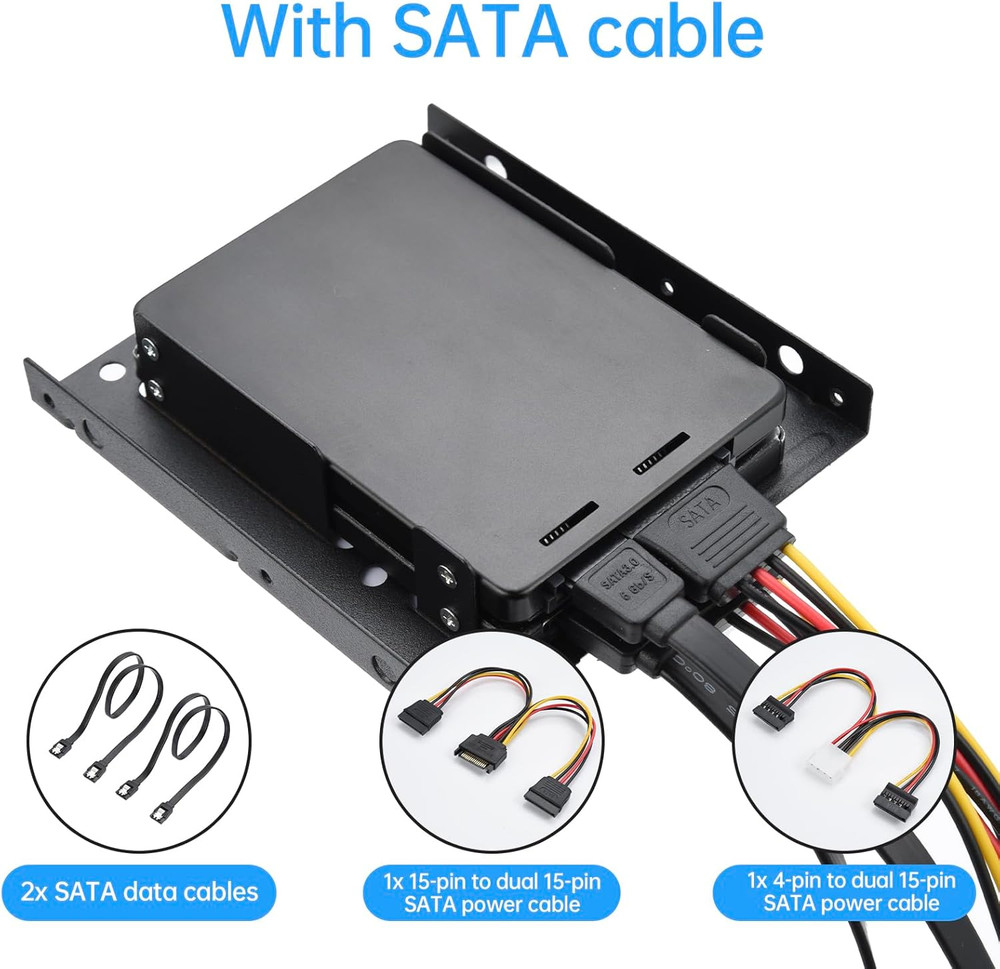 2Pcs Double-Deck SSD Mounting Bracket 2.5" to 3.5" HDD Holder SATA & Power Cable