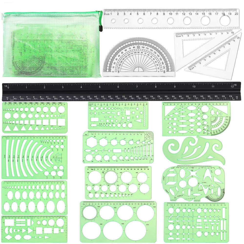18 Pcs Geometric Drawings Templates, Drawing Stencils, Drawings Tools, Stenci...