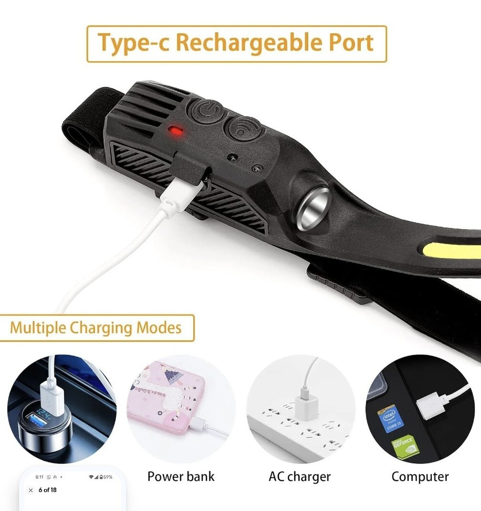 Four (4) COB Headlamp USB Rechargeable LED Torch Work