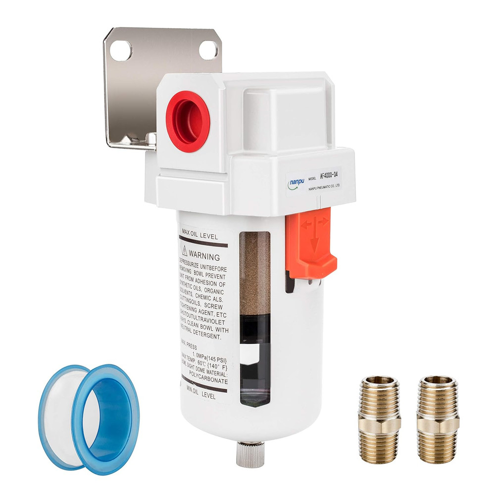 1/2" NPT Compressed Air Line Filter, 5 Micron Brass Element, Bracket, Poly Bowl,