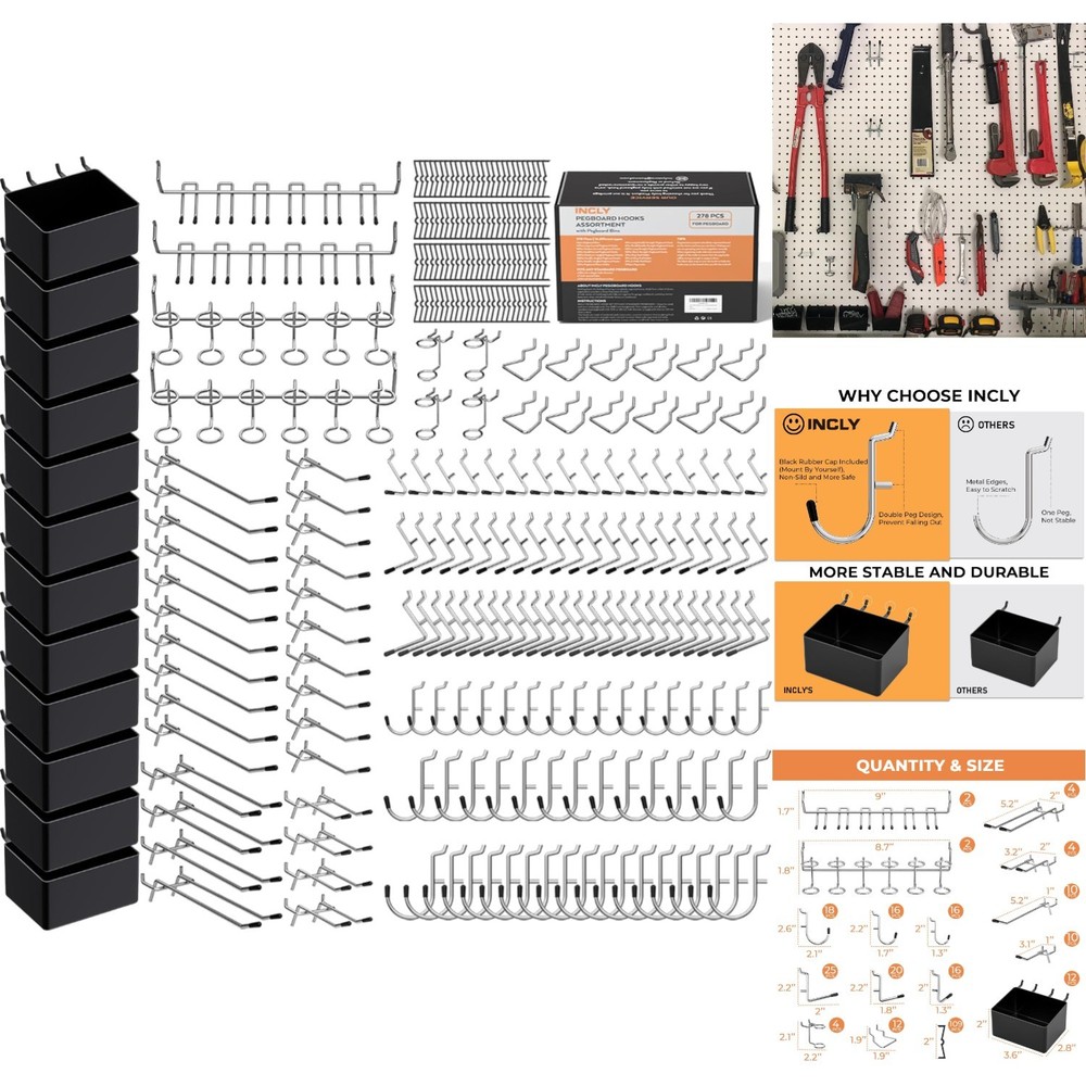 278pc Pegboard Accessories Kit - Hooks & Bins Assortment for Garage Tool Storage