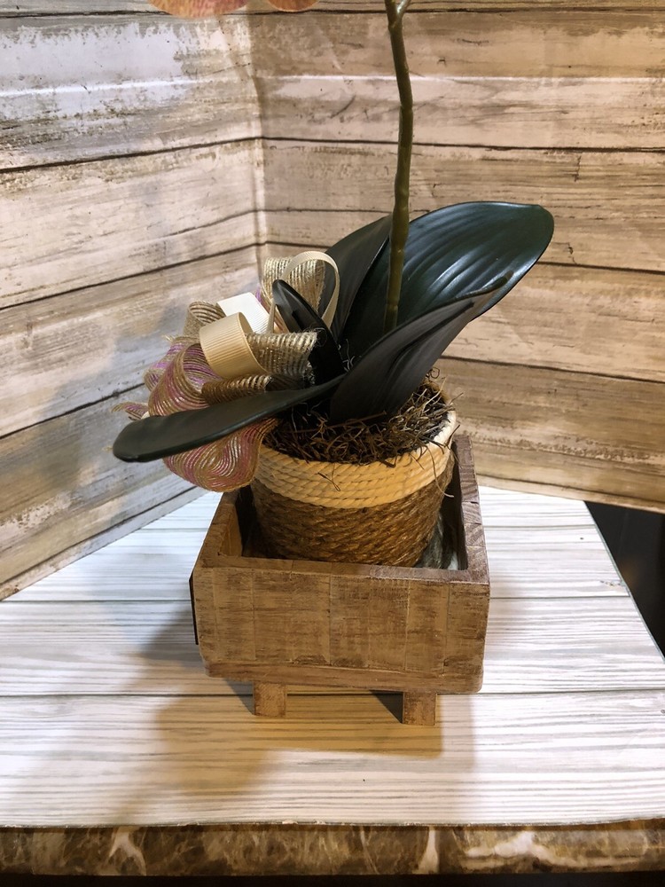 HANDCRAFTED WOODEN BASE WITH POTTED ARTIFICIAL ORCHID