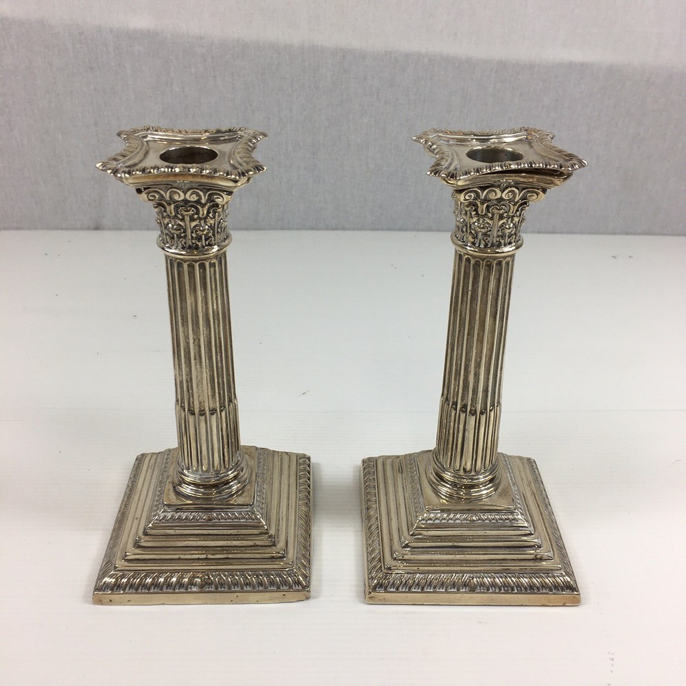 Antique 1936 Solid Silver Weighted Pair Of Corinthian Column Candlesticks