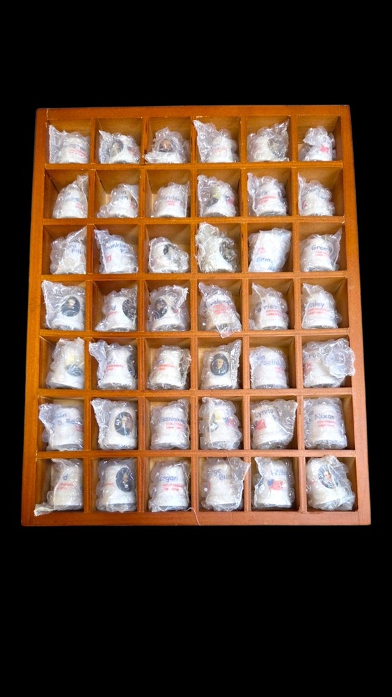 Ceramic Presidential Thimble Set- 42 Pieces  PLUS Wooden Display Case.      NOS