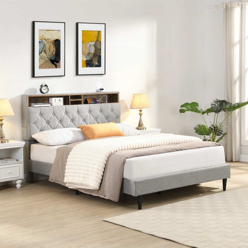 Queen Size Linen Upholstered Platform Bed with Storage Headboard & USB Ports