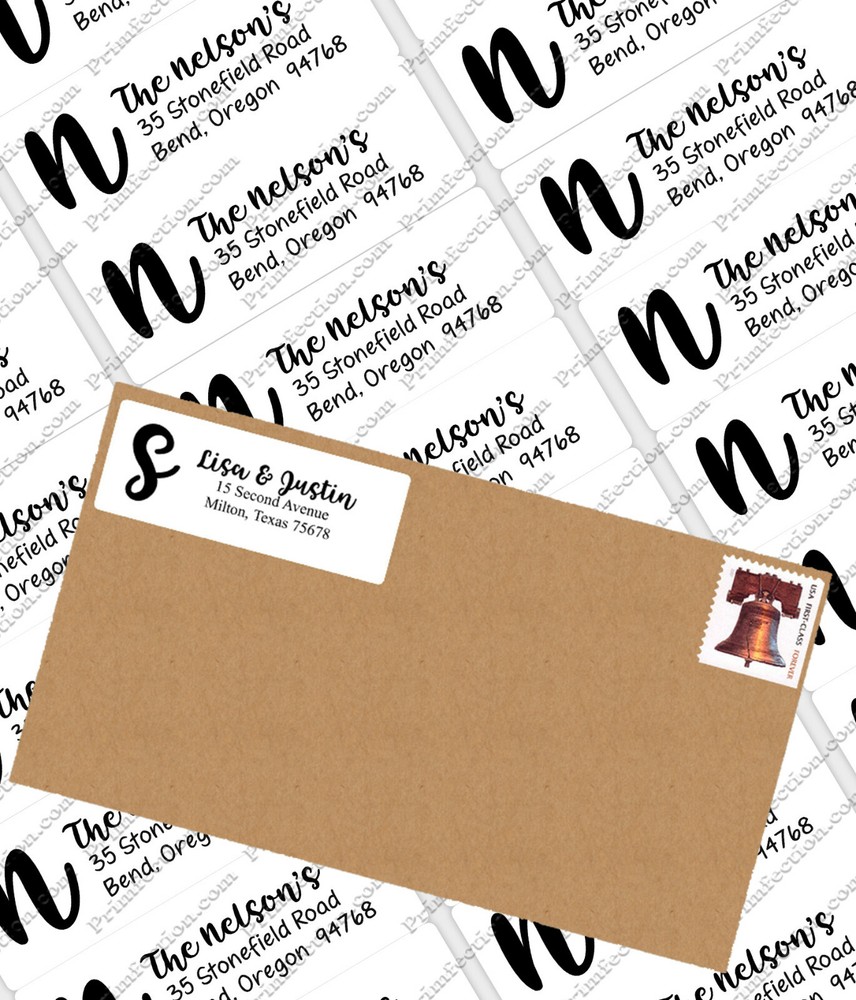 30 Personalized GLOSSY 1 x 2.63 Inch Return Address Monogram Brush Script Labels