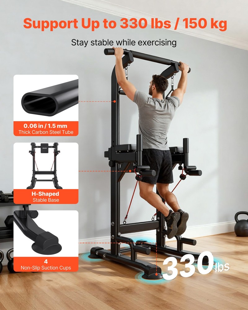 VEVOR Pull Up Bar 330 LBS Dip Station with H-Shaped Stable Base & Back Pad