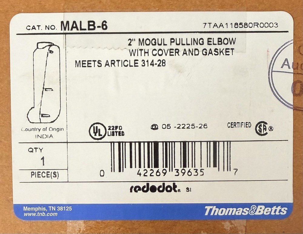 Thomas & Betts MALB-6 Mogul Pulling 2" Elbow w/Cover/Gasket