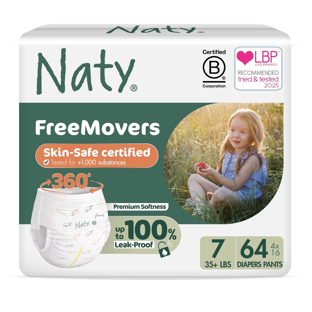 Naty FreeMovers Pull Up Training Pants for Sensitive Size 7 (64 Count), White