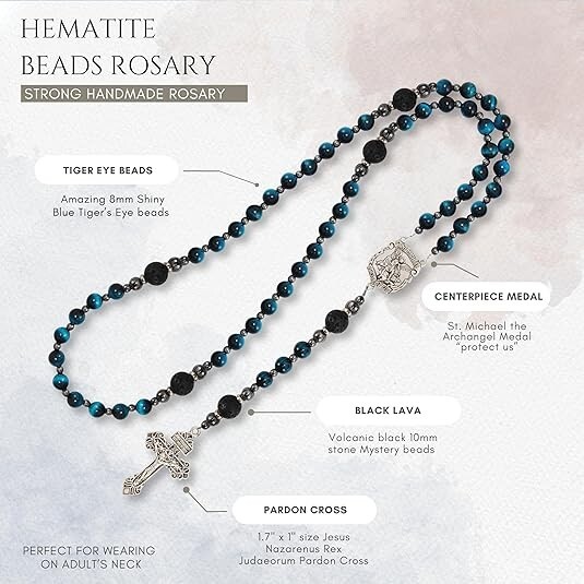 Saint Michael Blue Tiger's Eye Rosary Beads Necklace with Lava Mystery Beads