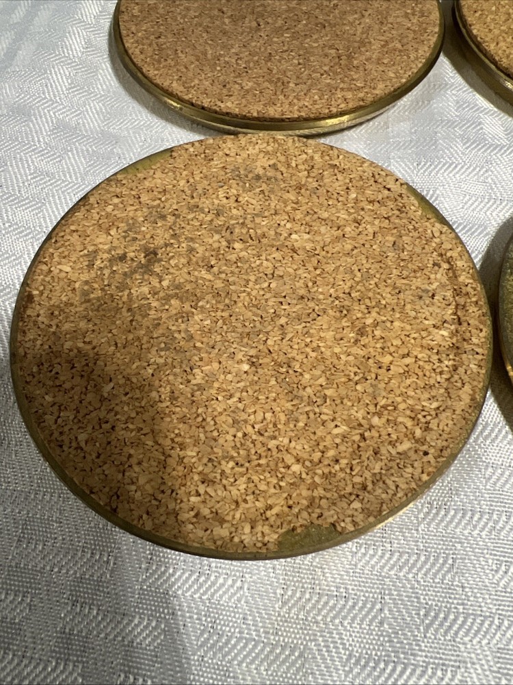 8 Vintage Solid BRASS and Brown LEATHER M MG COASTERS