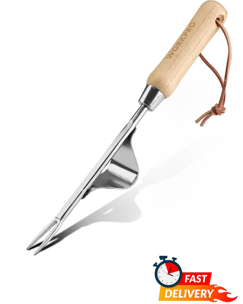 Weed Puller Tool Stainless Steel Hand Weeder V Fork Lever Base Wood Handle