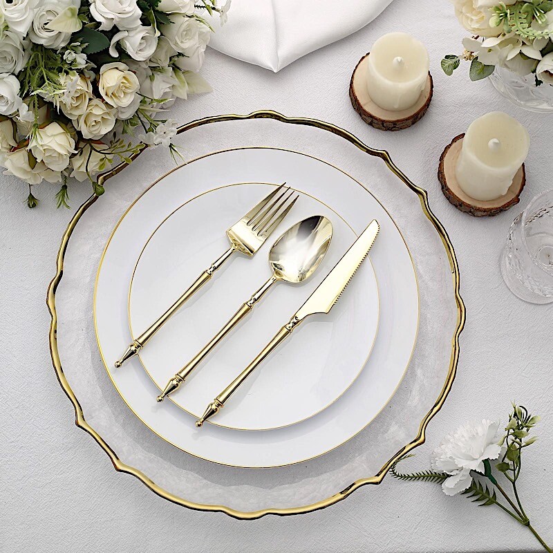 24 GOLD Plastic CUTLERY Roman Column Handle Spoon Fork Knife Set Party