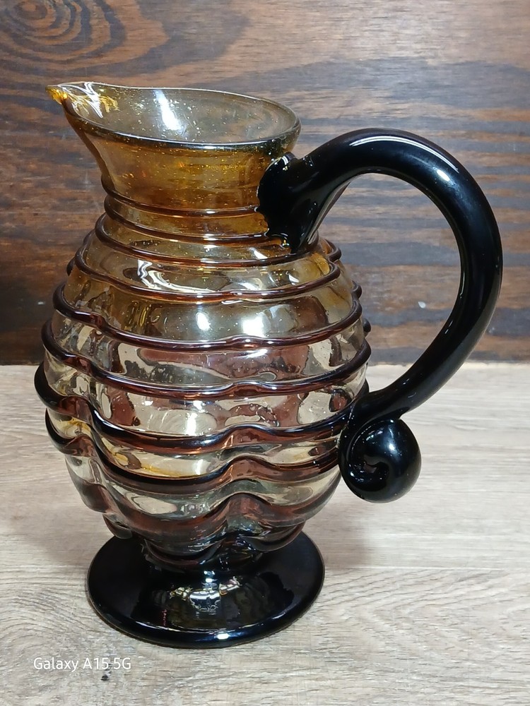 BUBBLE GLASS PITCHER Purple Stripes 18oz Attached Handle & Base