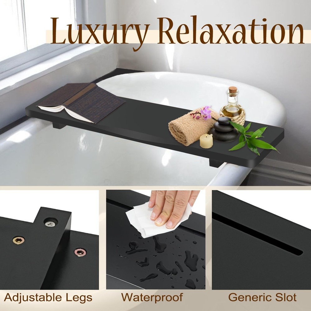 Stylish Black Bamboo Bathtub Tray Caddy with Adjustable Legs, Minimalistic De...