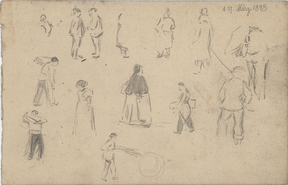 Study Pencil Drawing Passersby Craftsmen Work Professions 1898 Dated