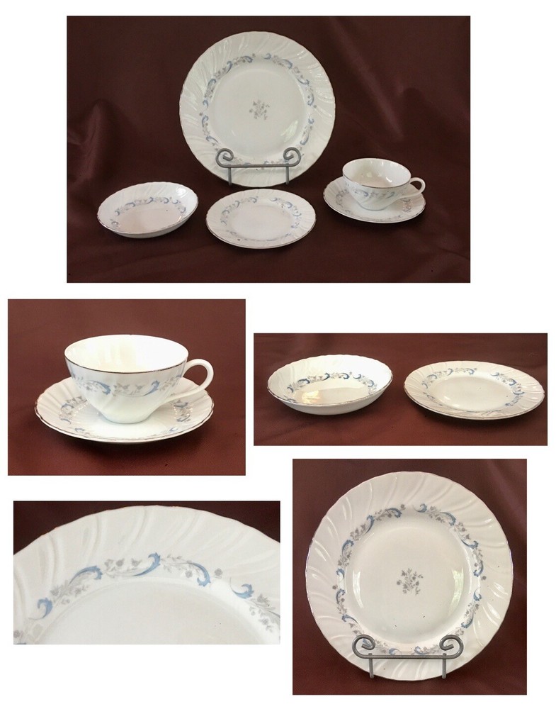 VINTAGE Camelot Dinnerware GRACIOUS Gray Floral Blue Scroll Swirled (1990) 5-PC