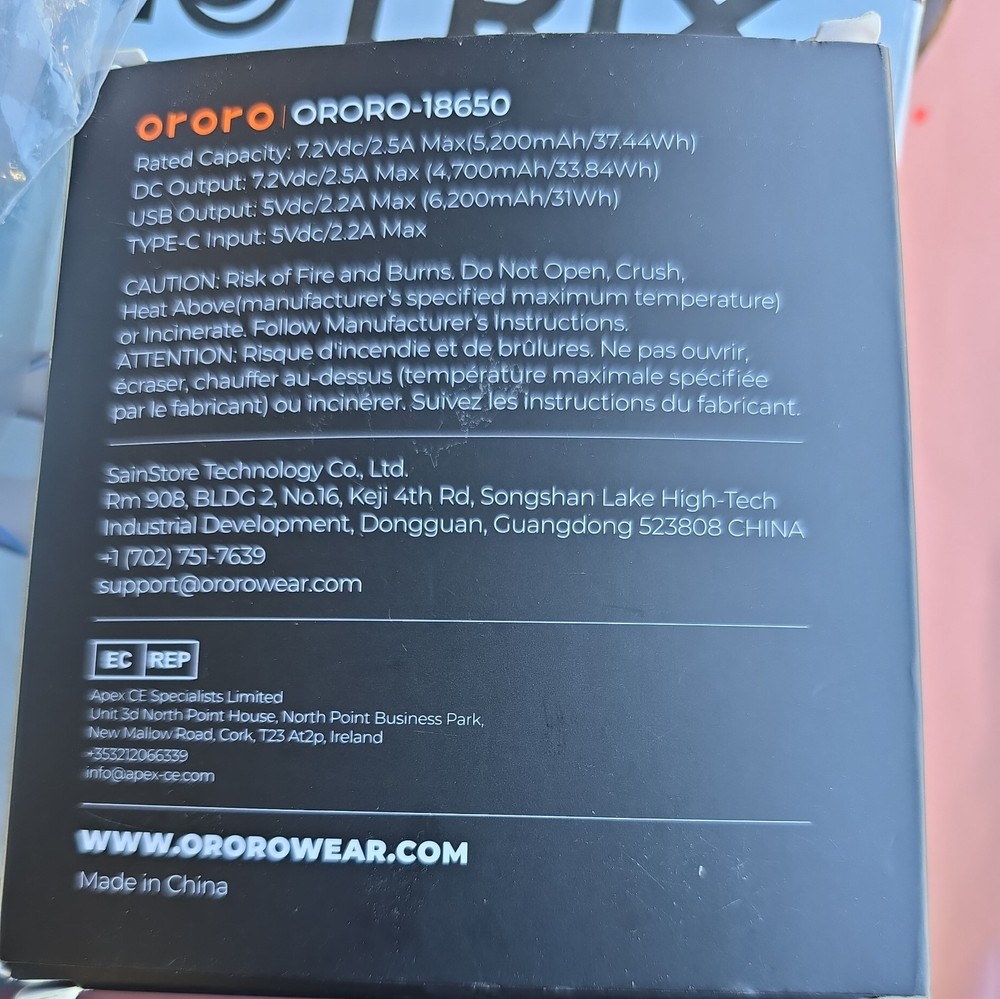 ORORO-Mini 5K Battery for Heated Apparel - Vests and Jackets